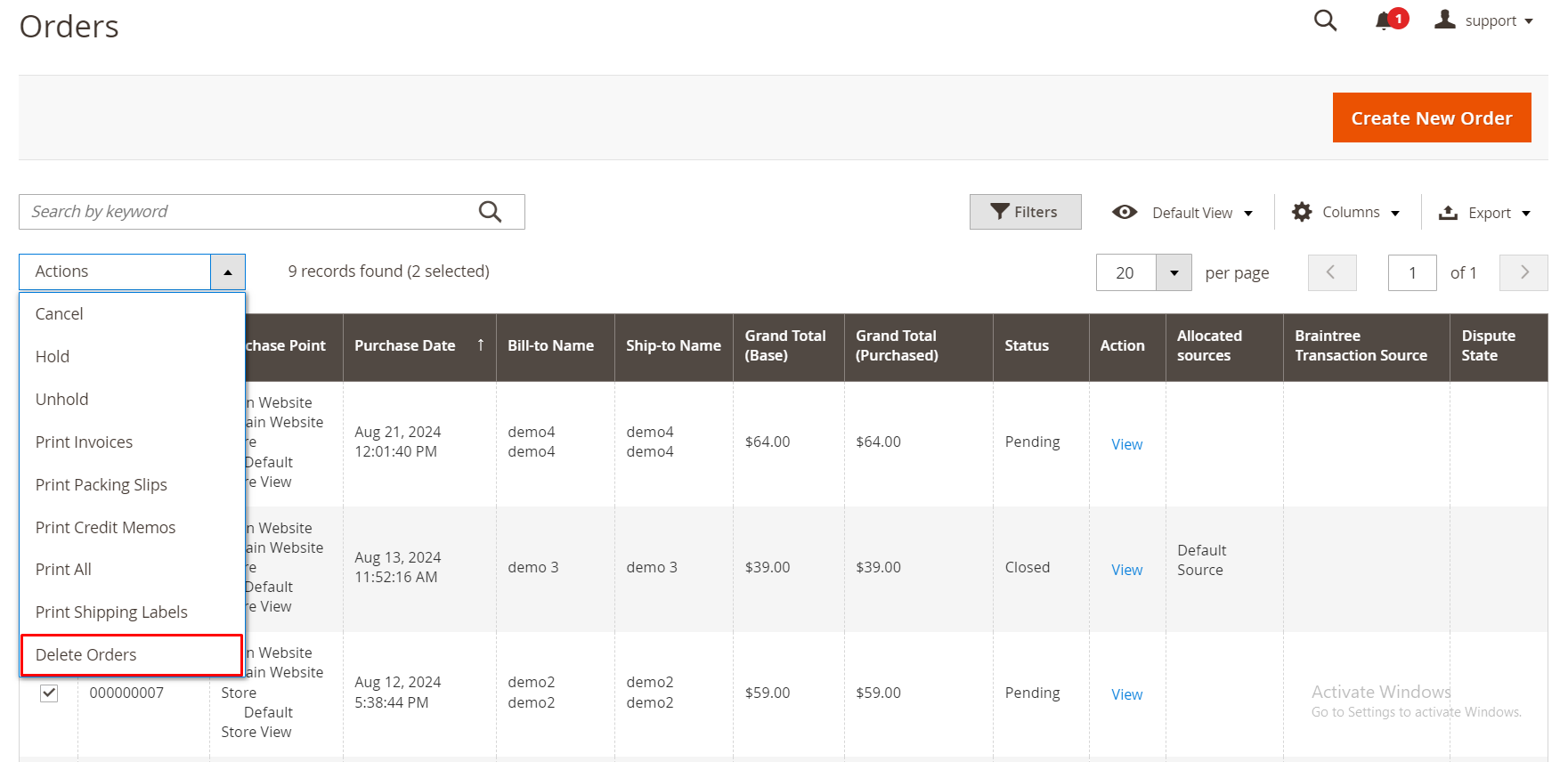 sales order grid page